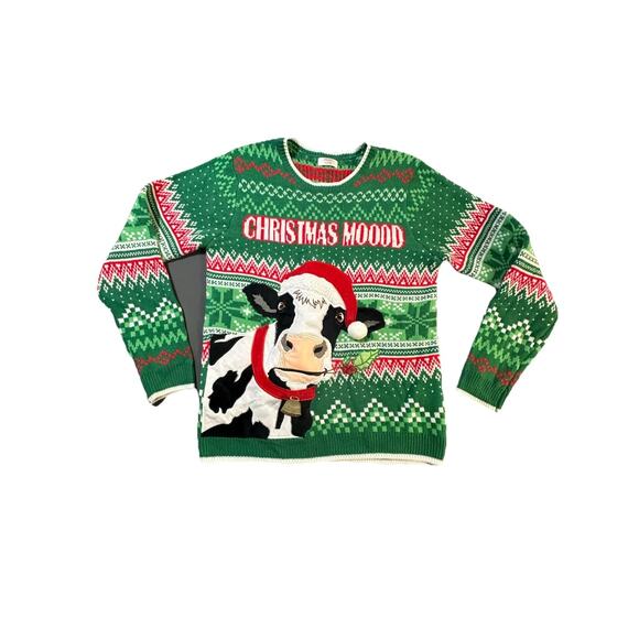 holiday time christmas sweater womens Green Red Cow Santa Hat “Christmas Mooood” - Picture 1 of 8